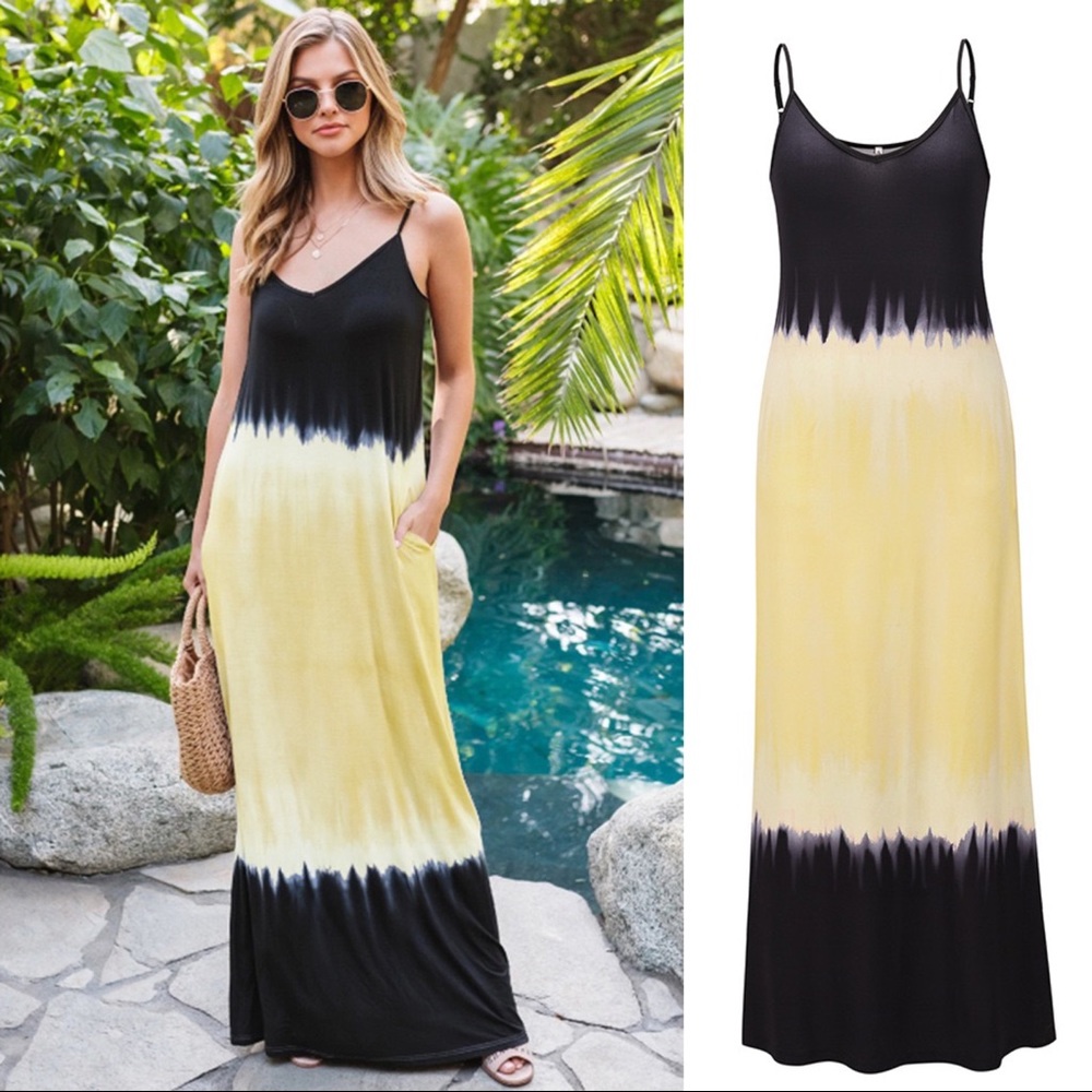 Tie Dye Slip Maxi Dress Cream Yellow